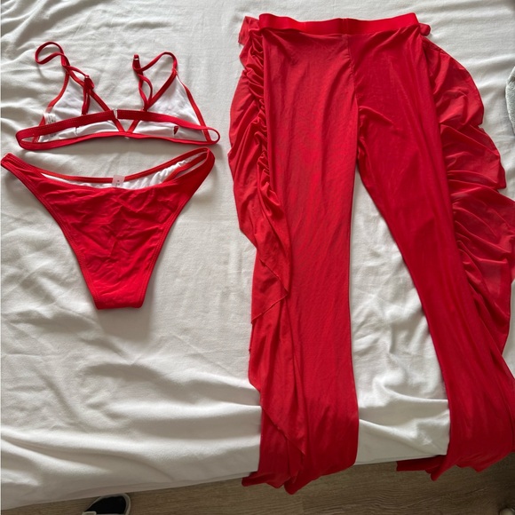 Red Bikini Set with Ruffled Pants - Picture 2 of 4